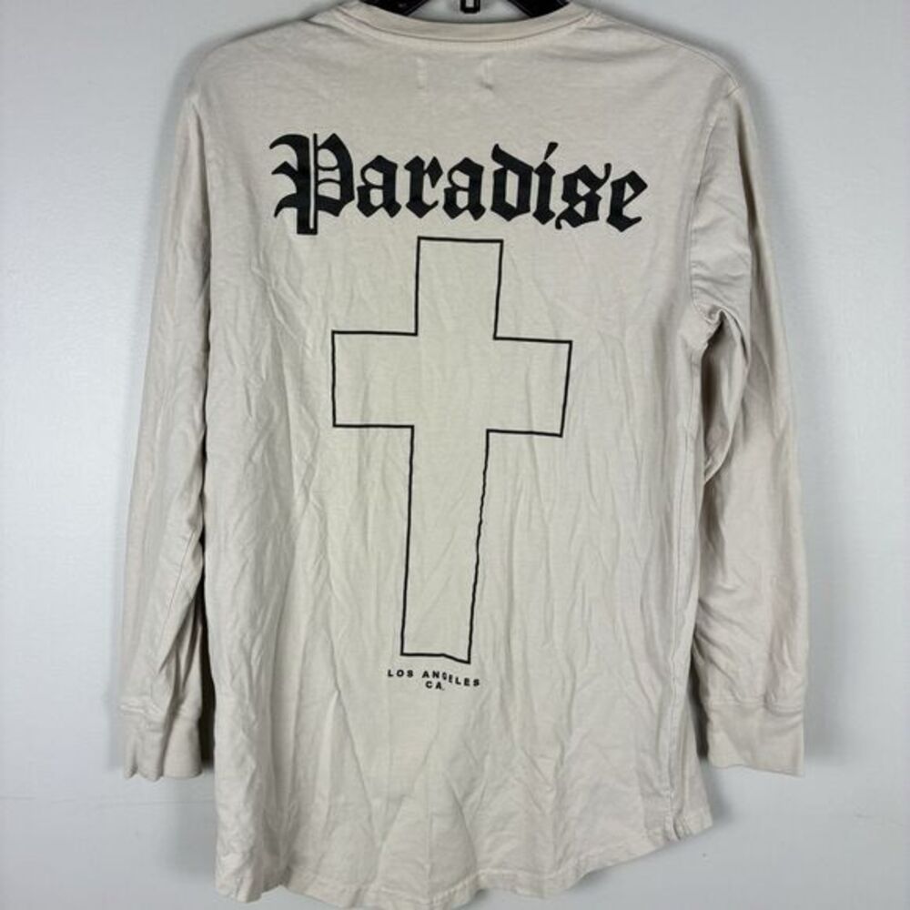 Paradise Mens Long Sleeve Graphic T-Shirt Tee Sz Medium Ivory Cross Skater‎ MMA